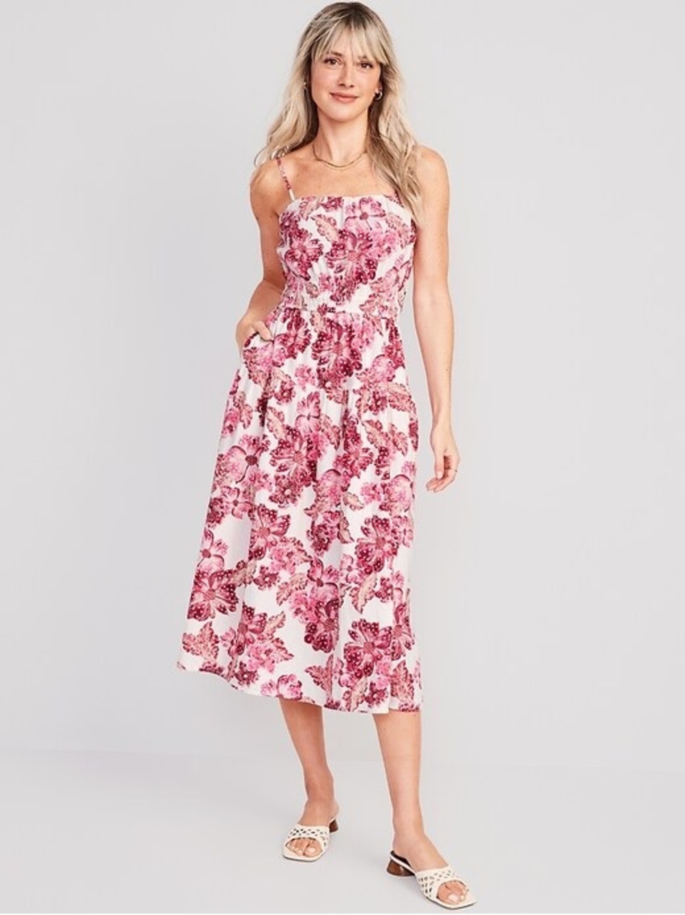 Old Navy Waist-Defined Pink Floral Linen-Blend Smocked Midi Cami Dress. Sz small